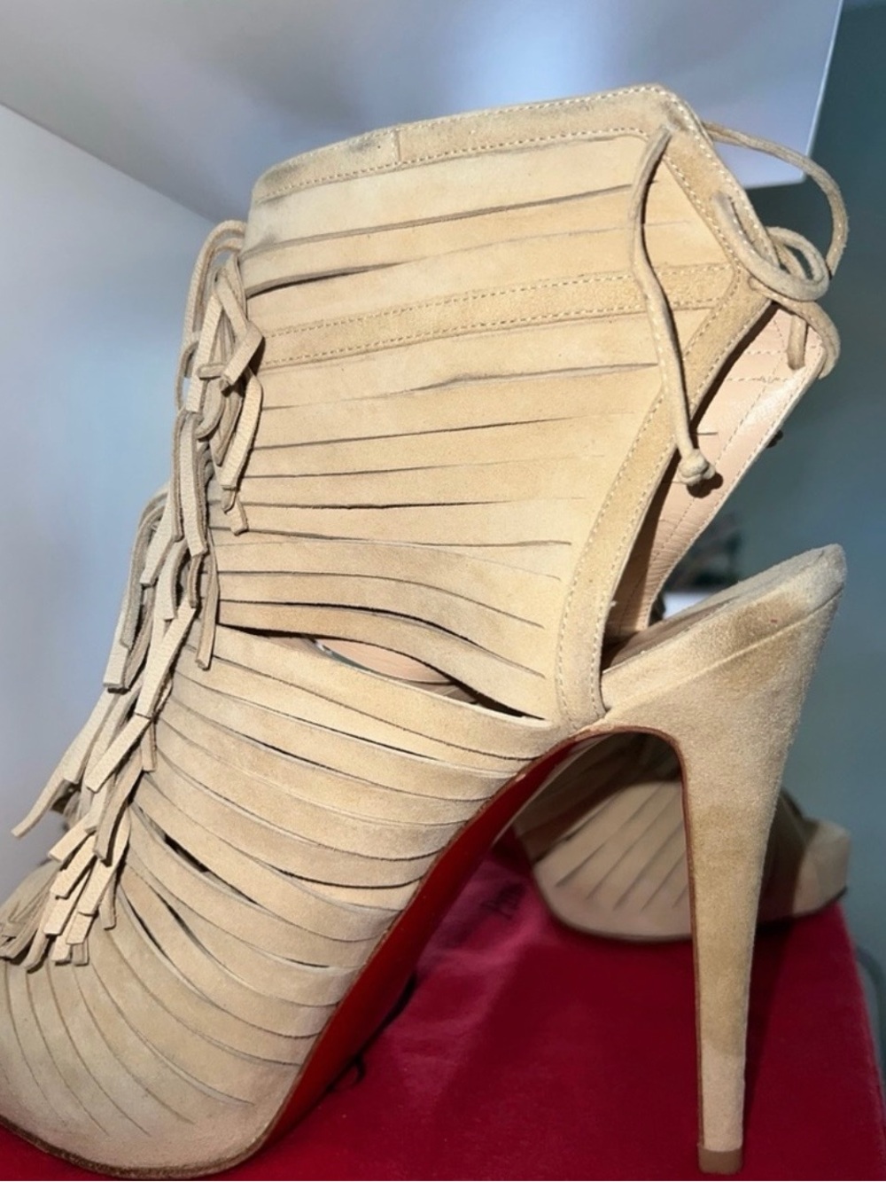 Women's Beige Suede Fringe High Heel Booties - Designer Style Christian loubout